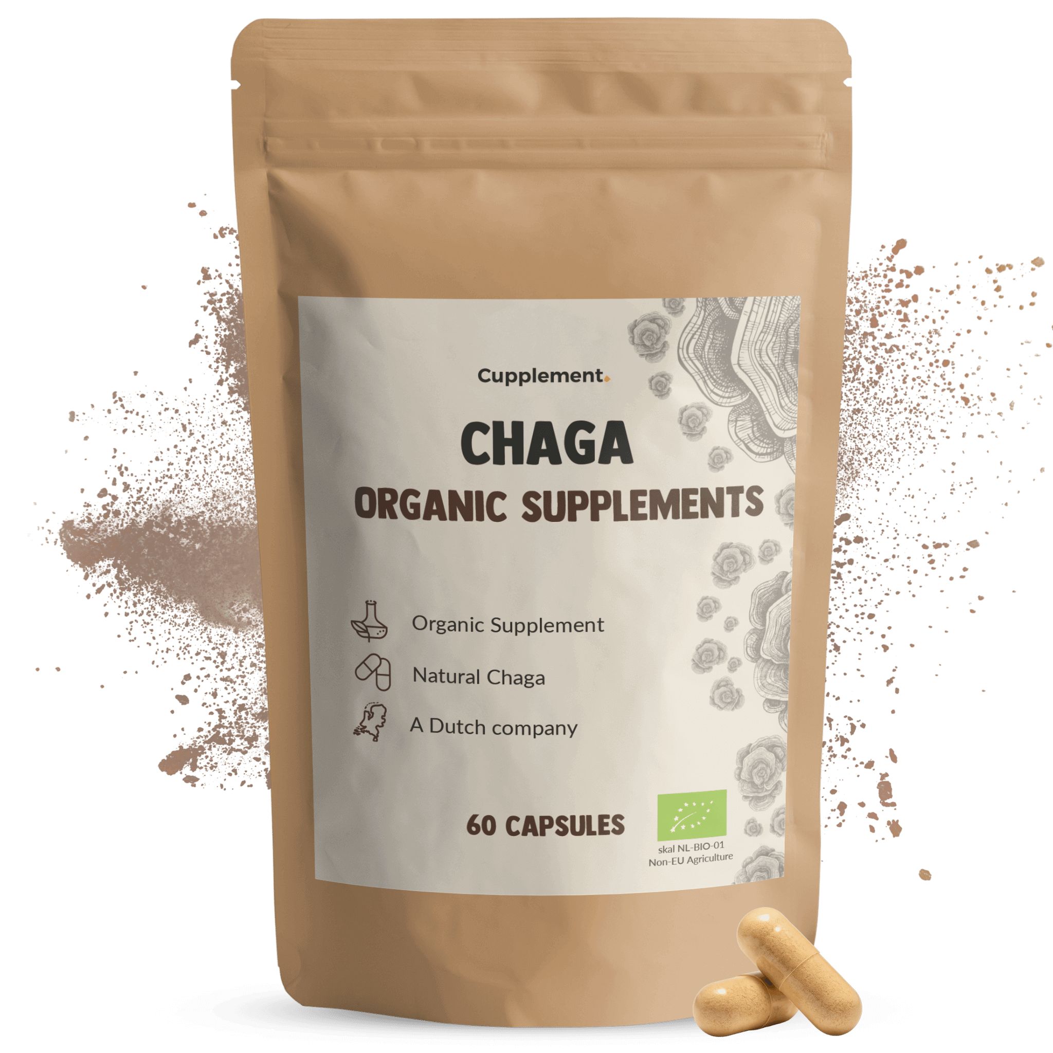 Braune Papierverpackung mit Aufschrift 'CHAGA ORGANIC SUPPLEMENTS'. Enthält 60 Kapseln. Zwei Kapseln liegen daneben.