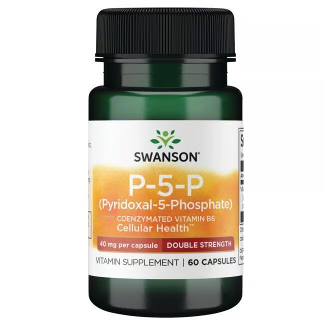 Grüne Flasche mit weißem Etikett. Aufschrift: SWANSON P-5-P (Pyridoxal-5-Phosphat) 40 mg. 60 Kapseln. Doppelstärke.