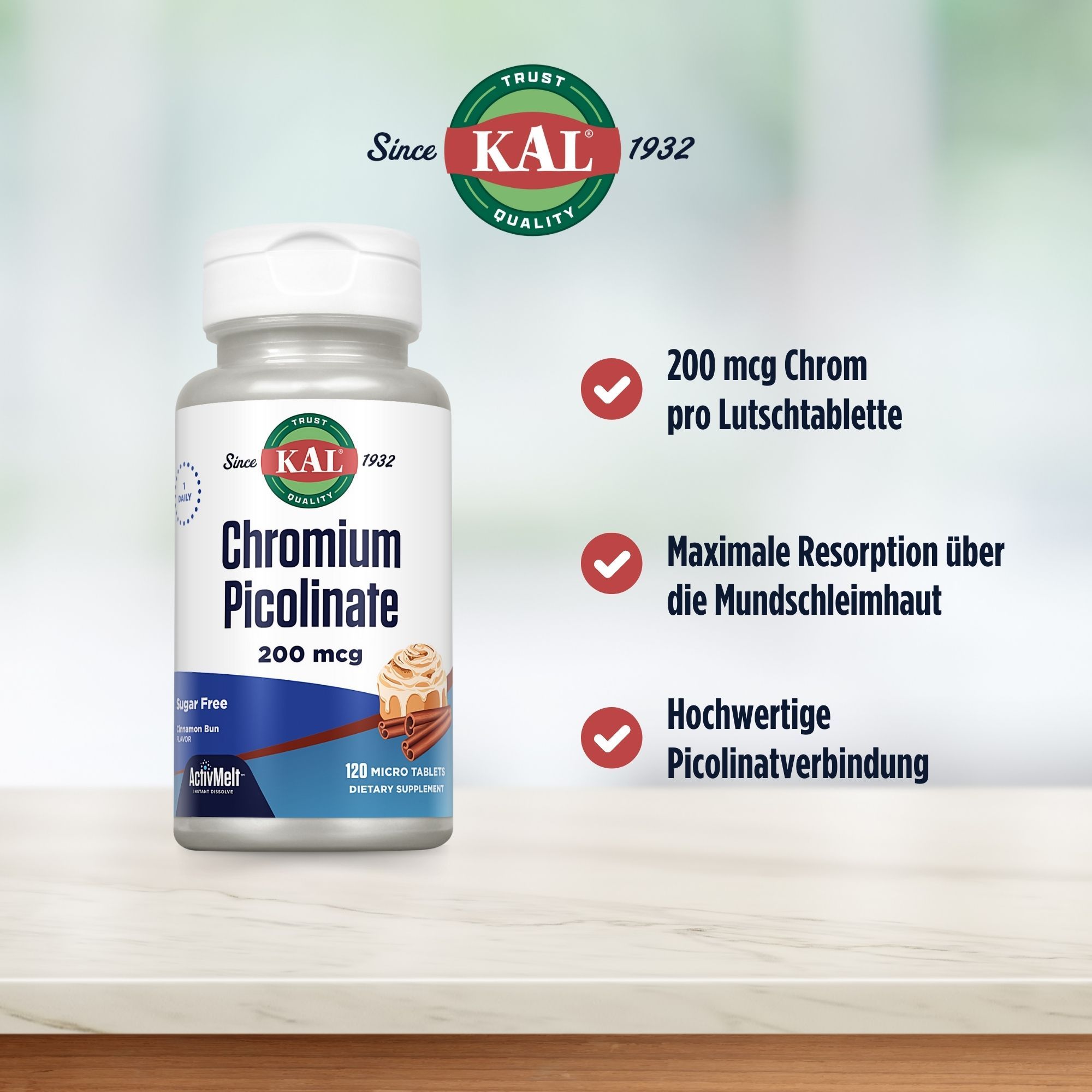 Eine Flasche KAL Chrom Picolinat 200 mcg ActivMelt. 120 Microtabletten. Aufschrift: Sugar Free. Zimtrolle.