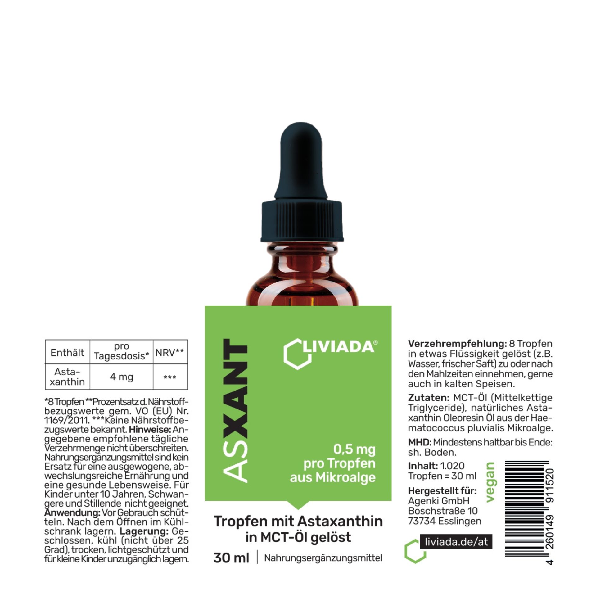 Braune Glasflasche mit Tropfer. Grünes Etikett mit "ASXANT" und "LIVIADA". Text: "Tropfen mit Astaxanthin in MCT-Öl gelöst".