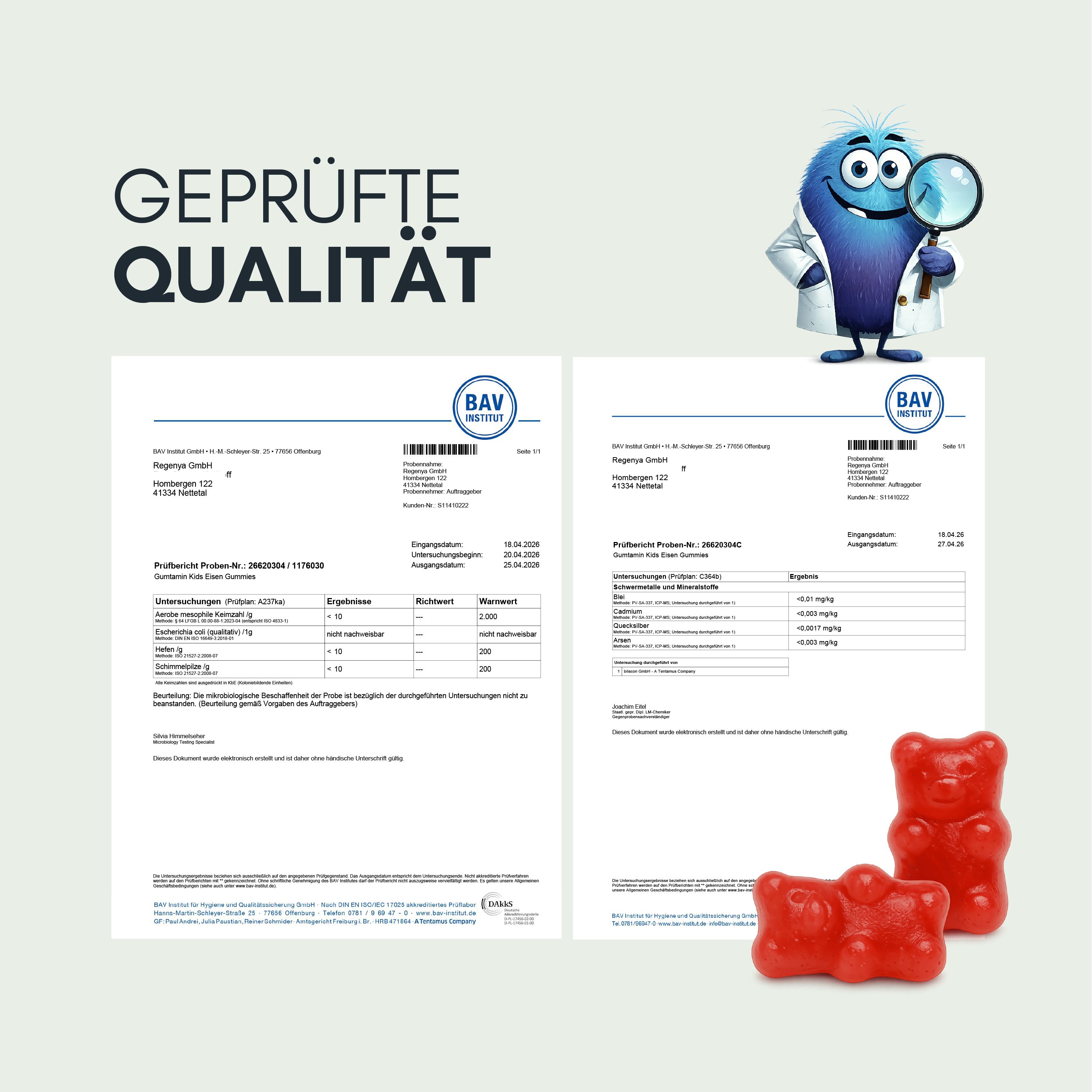 Zwei Prüfberichte mit dem Titel 'Geprüfte Qualität' und dem BAV Institut Logo.