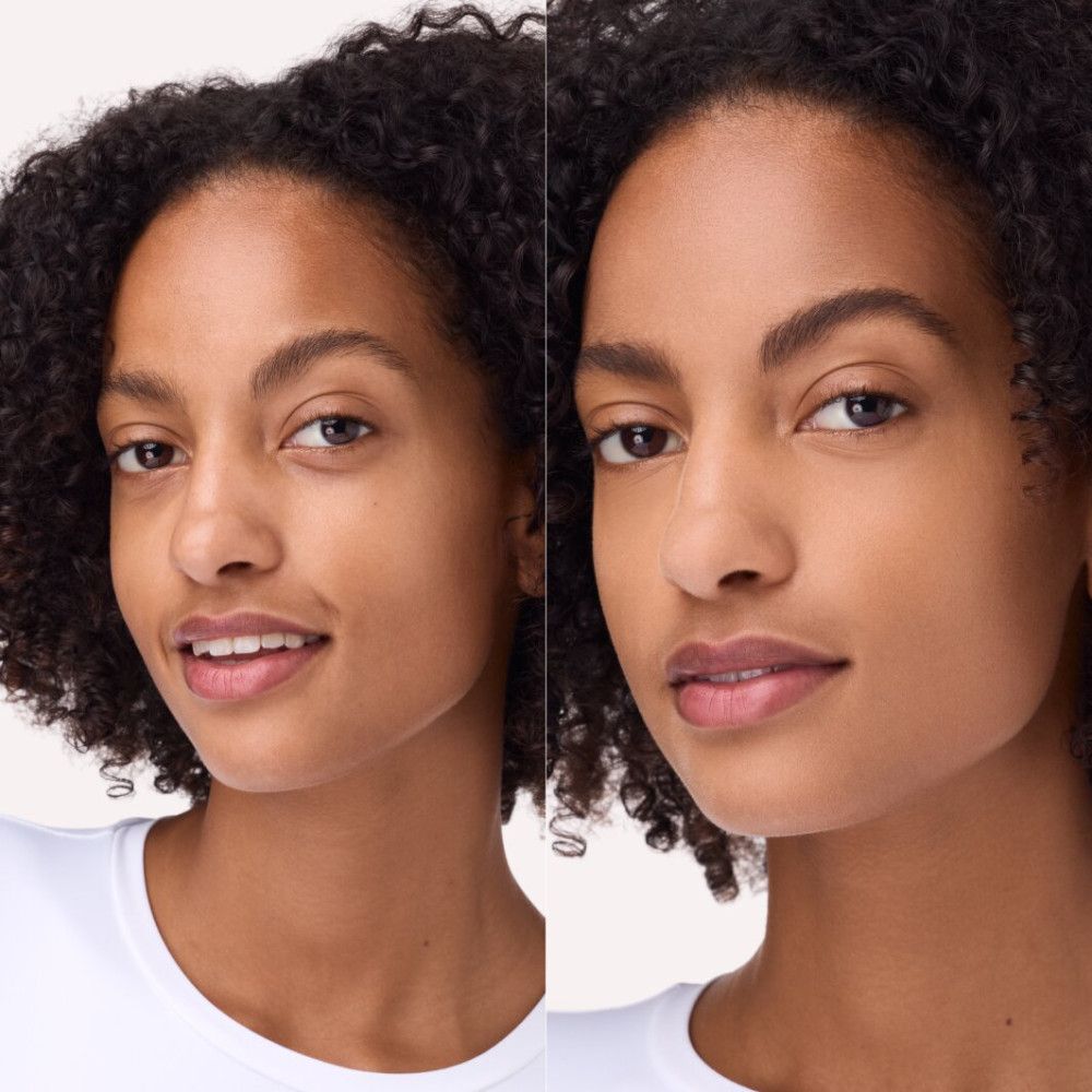 Zwei Porträts einer Frau. Links: Gesicht mit Make-up. Rechts: Gesicht mit Make-up.