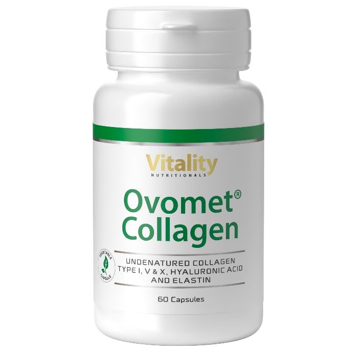 Weiße Kapsel mit Vitality Nutritionals Ovomet® Collagen, 60 Kapseln.