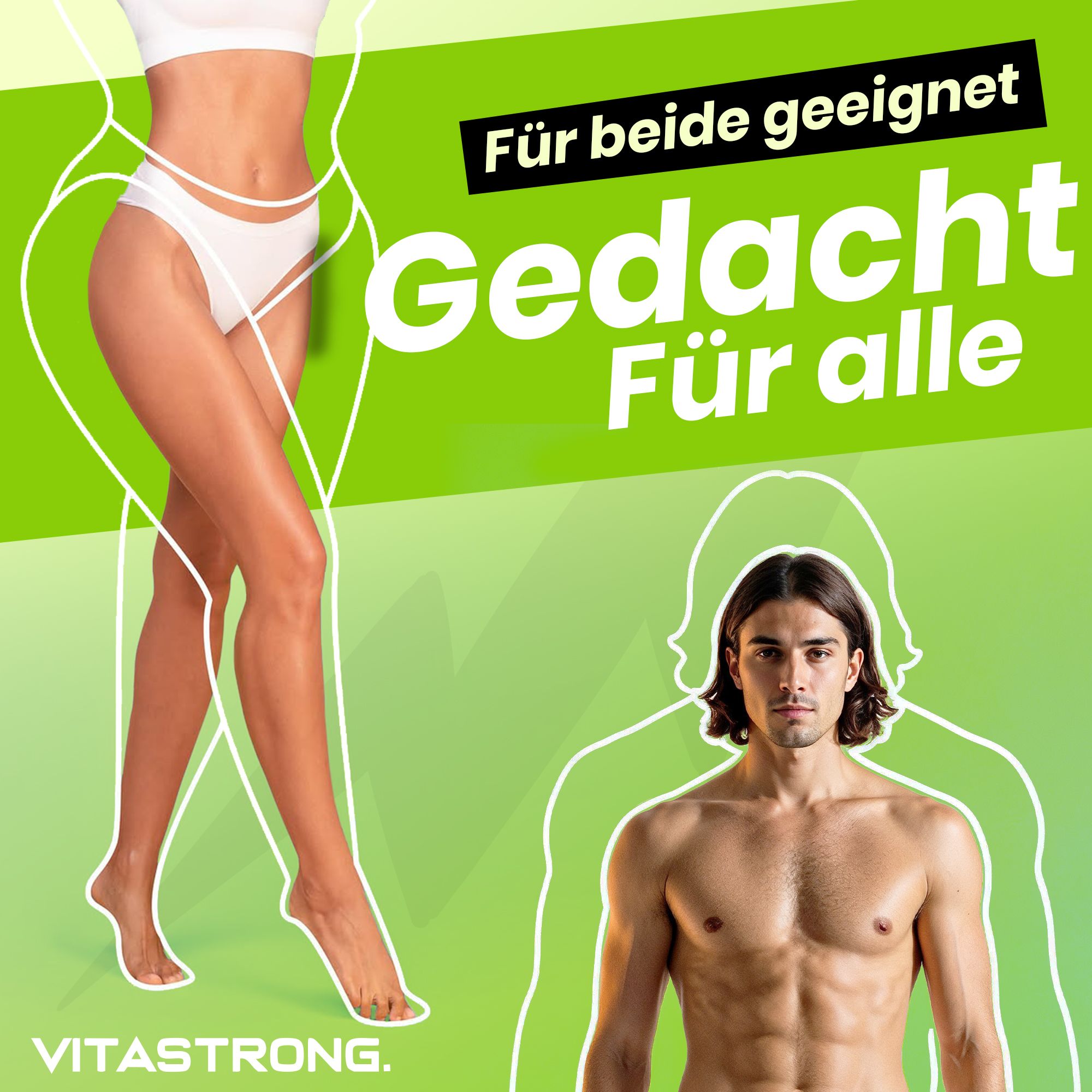 Mann und Frau mit Umrissen. Text: Für beide geeignet. Vitastrong Logo.