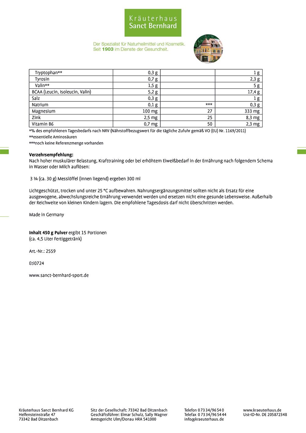 Fortsetzung der Produktinformationen zu Sport Protein-XXL 92 Schoko. Enthält Nährwertangaben und Verzehrempfehlung.
