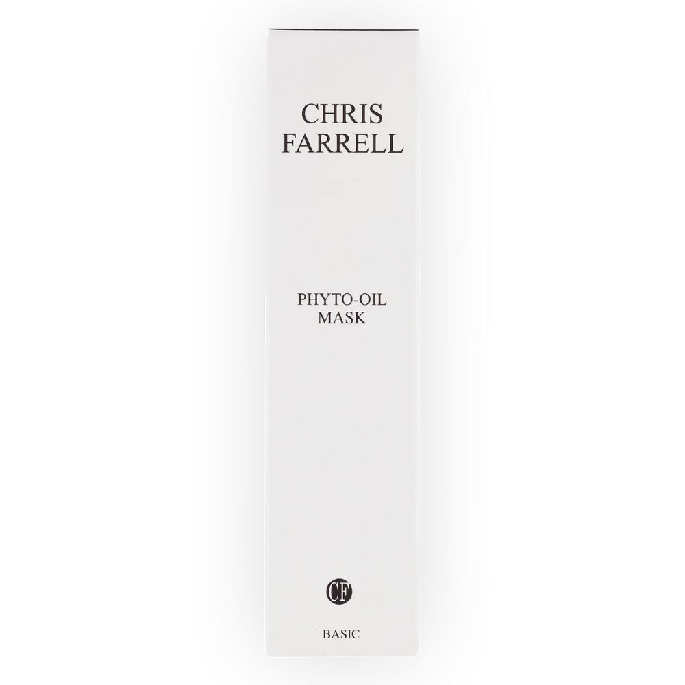 Weiße Verpackung mit Aufschrift CHRIS FARRELL, PHYTO-OIL MASK und BASIC. Logo CF unten.