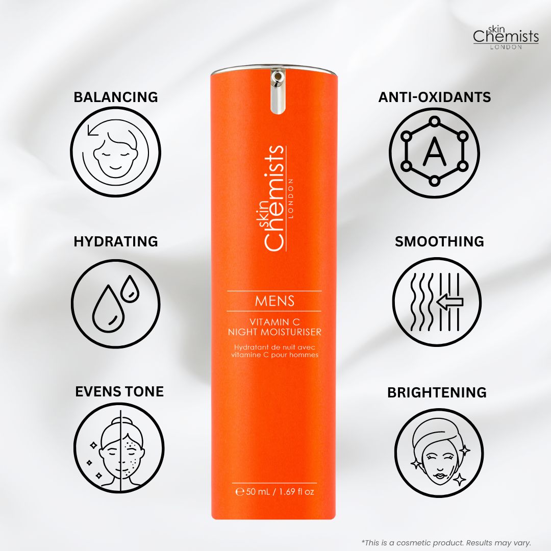 Orangefarbene Flasche mit Produkttext, umgeben von Icons, die Vorteile hervorheben, auf weißem Hintergrund.