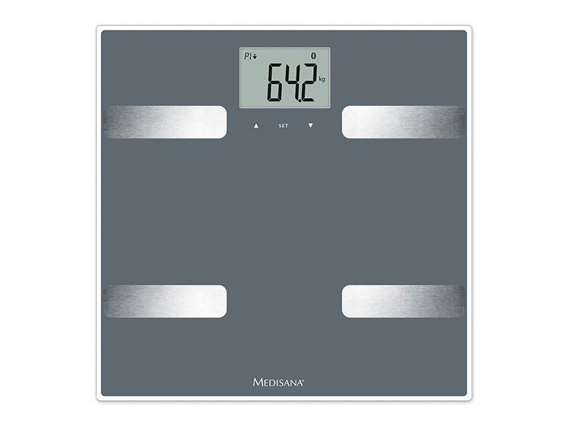 Körperanalysewaage mit digitaler Anzeige. Graue Oberfläche, silberne Kontaktflächen. Gewichtsanzeige: 64,2 kg.