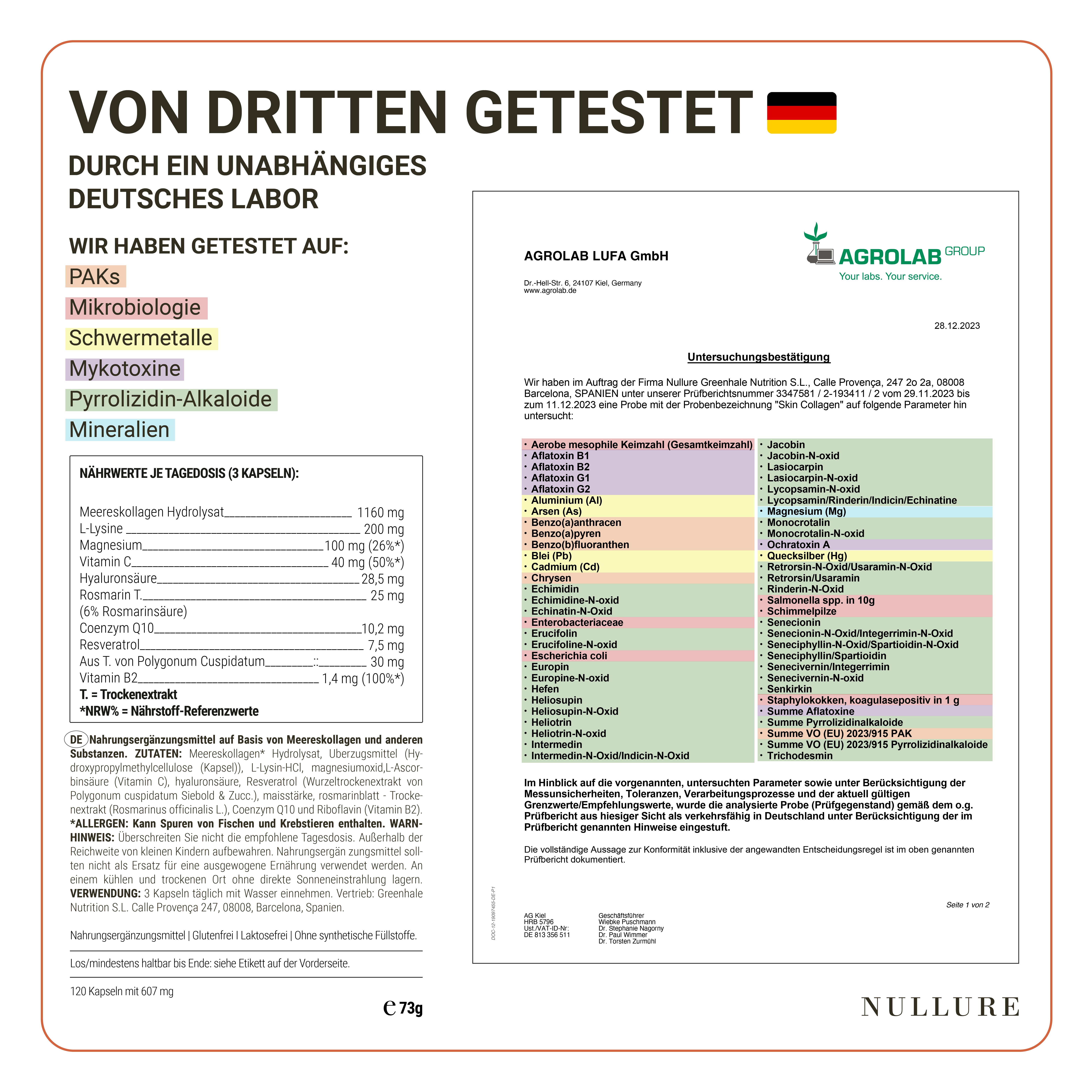 Zertifizierungsdokument. Text: Von Dritten getestet. Deutsches Labor. Getestet auf: PAKs, Mykotoxine, Pyrrolizidin-Alkaloide, Mineralien. Nährwertangaben. Logo: Nullure.