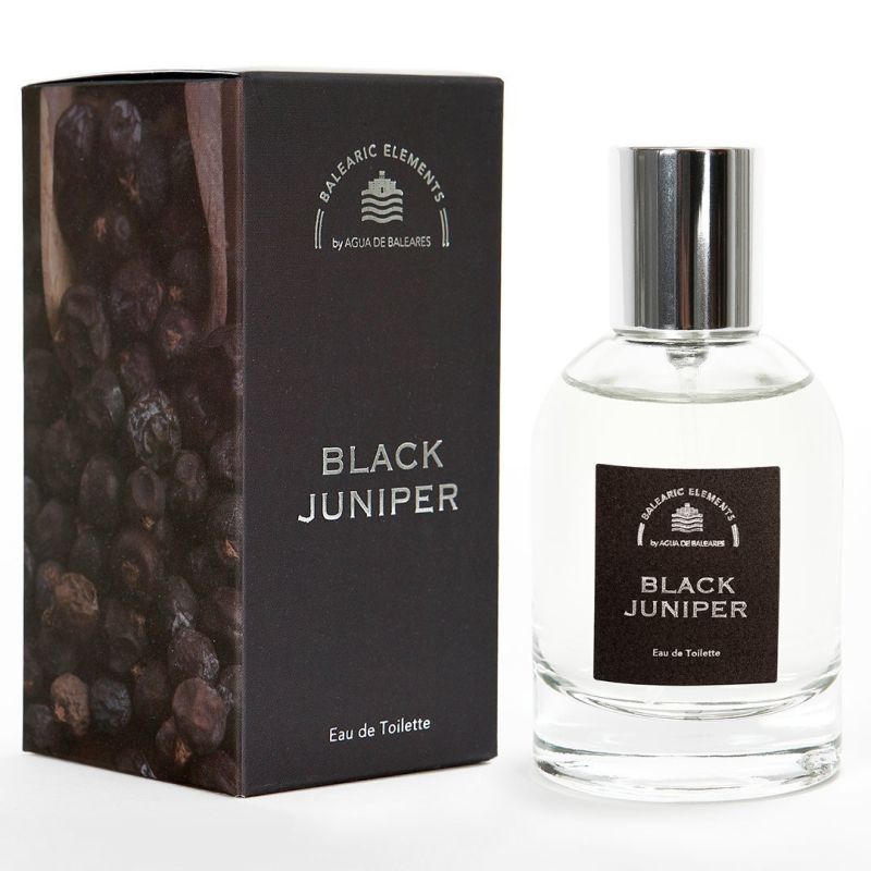 Eine Flasche und eine Schachtel. Auf der Flasche und der Schachtel steht "BLACK JUNIPER". Die Schachtel hat ein Bild von schwarzen Beeren.