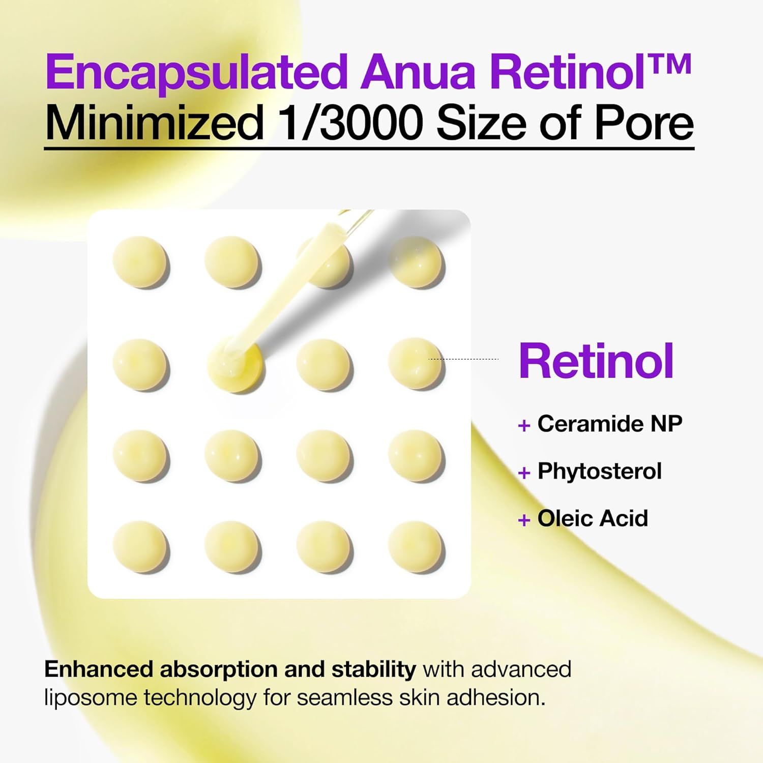 Gelbe Tabletten in einem Raster. Text: Retinol, Ceramide NP, Phytosterol, Ölsäure. Aufschrift: Encapsulated Anua Retinol.