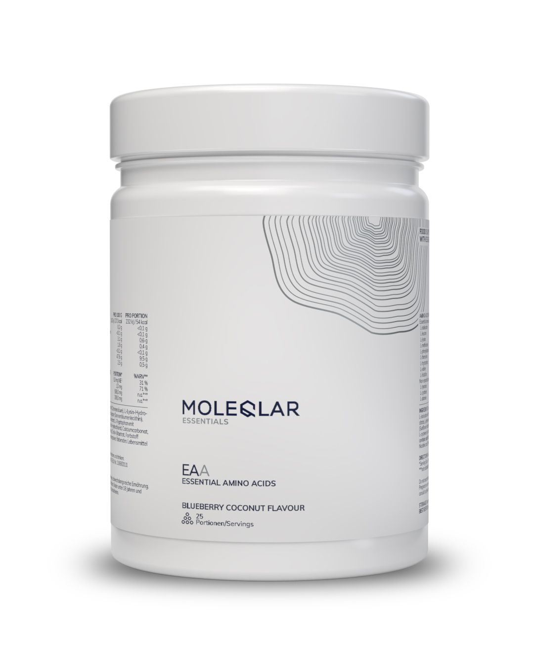 Weiße Dose mit MoleQlar EAA Essential Amino Acids, Blaubeere Kokosnuss Geschmack.