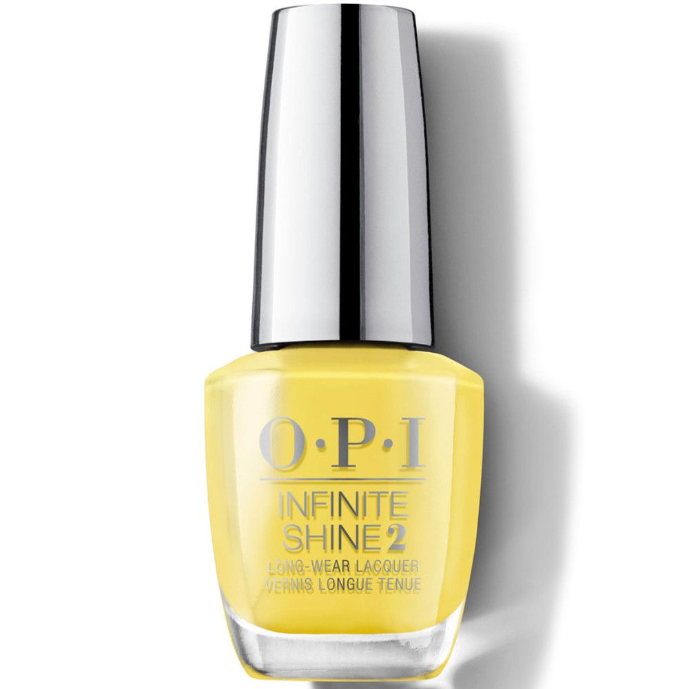 OPI Nagellack Infinite Shine 2, gelb. Flasche mit silbernem Deckel.