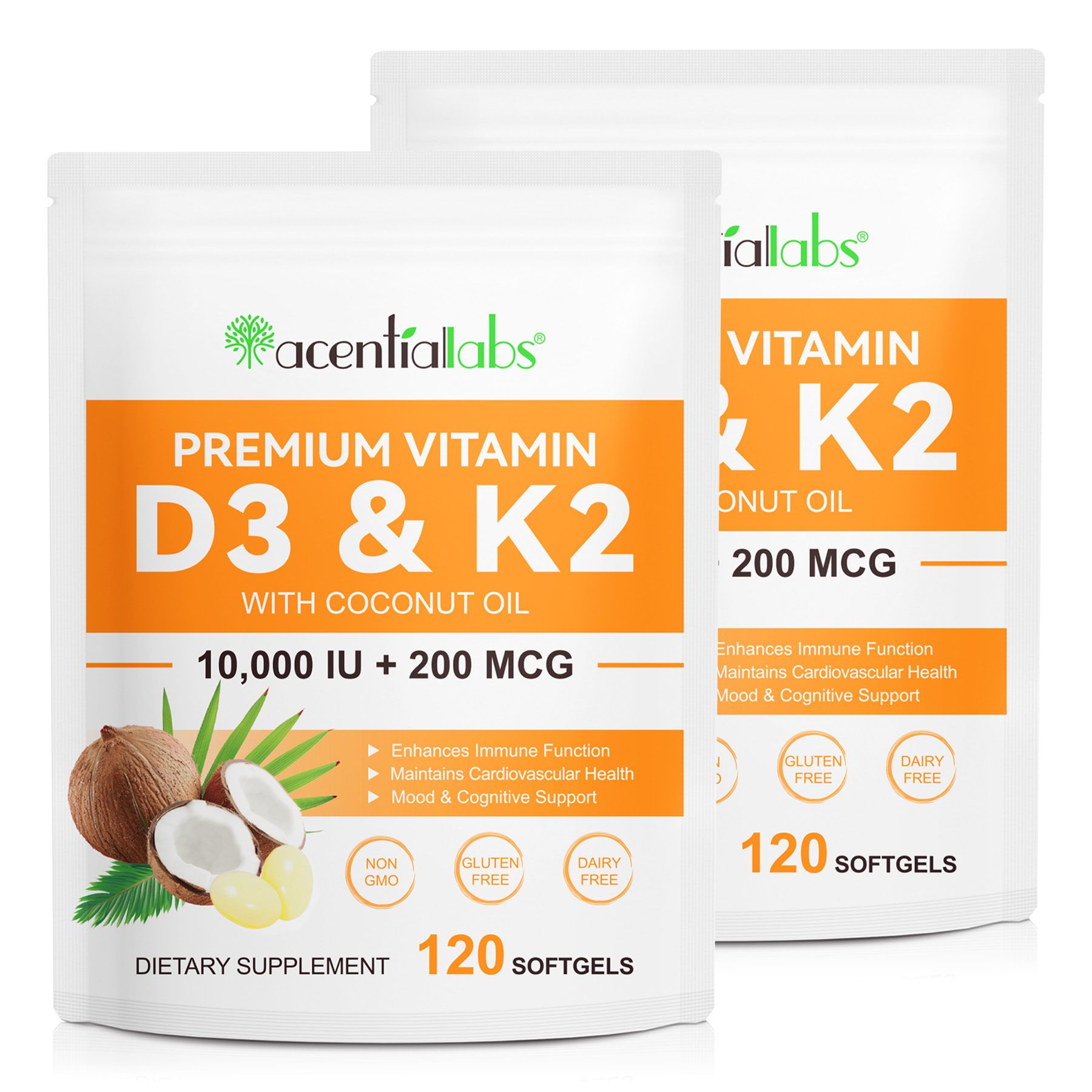 Zwei Packungen Acentiallabs Vitamin D3 + K2 Softgels, je 120 Stück.