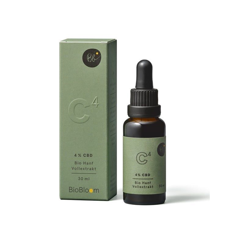 Grüne Schachtel und Flasche mit Tropfer. Aufschrift: C-4, 4% CBD, Bio Hanf Vollextrakt, 30 ml, BioBloom.