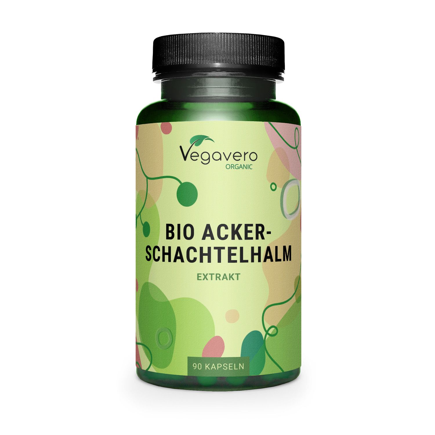 Grüne Flasche mit Kapseln. Aufschrift: BIO ACKERSCHACHTELHALM EXTRAKT. Marke: Vegavero Organic. 90 Kapseln.