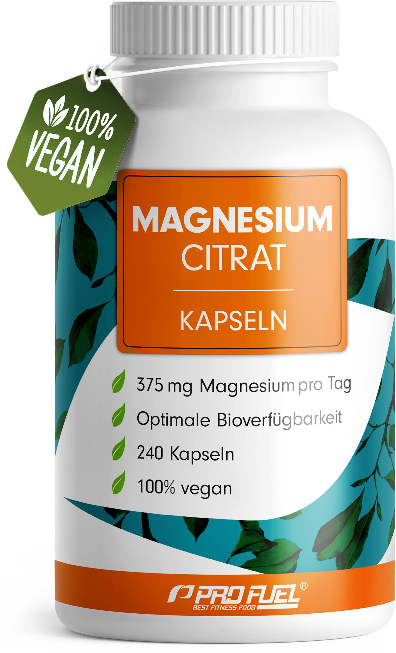 Weiße Flasche mit orangefarbenem Etikett. Aufschrift: Magnesium Citrat Kapseln. Enthält 375 mg Magnesium, 240 Kapseln, 100% vegan.