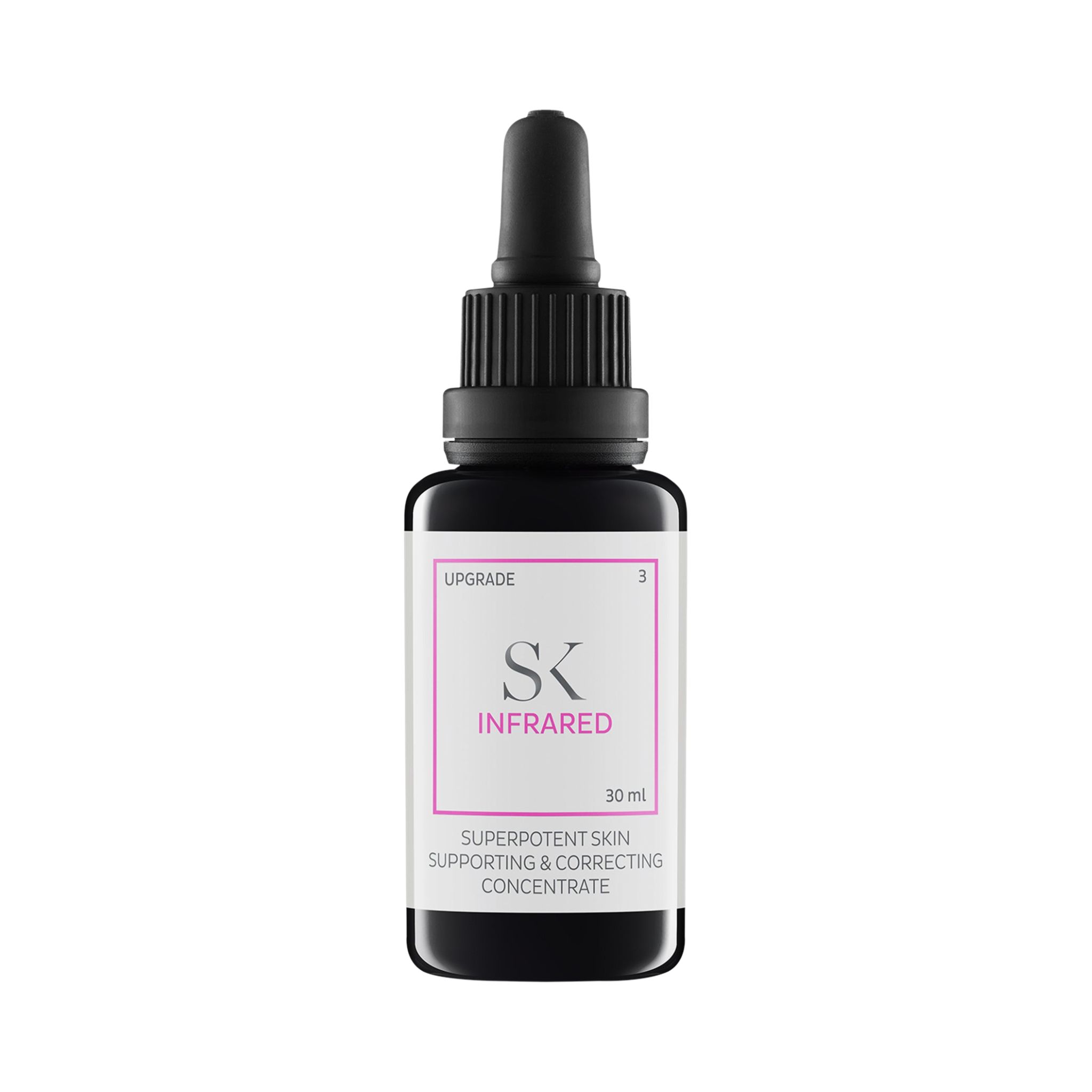 Dunkle Glasflasche mit schwarzem Verschluss und Pipette. Etikett mit "SK INFRARED" und Text. 30 ml.