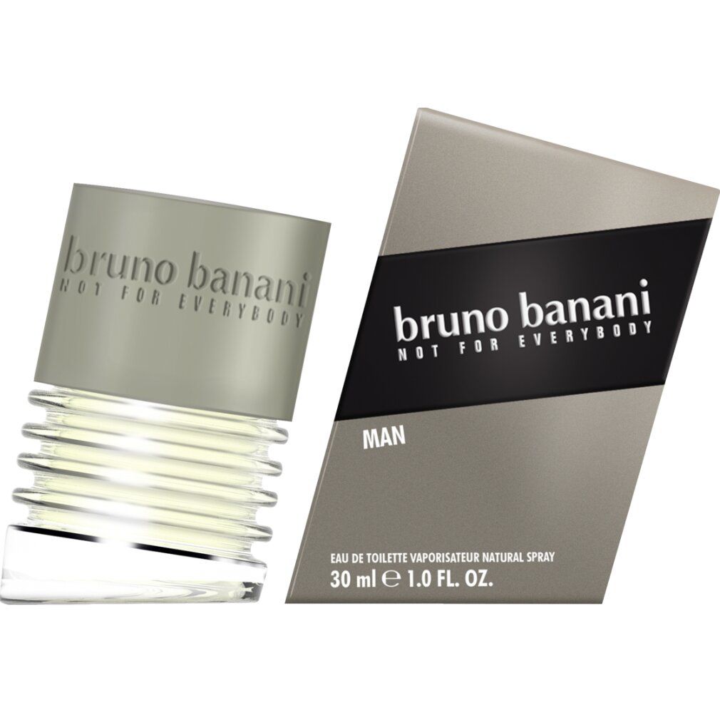 Bruno Banani Man Eau de Toilette 30ml Flakon und silberne Verpackung mit schwarzem Streifen.