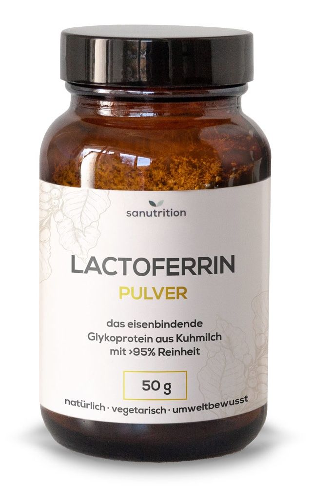 Braune Glasflasche mit Lactoferrin-Pulver. Aufschrift: sanutrition, Lactoferrin Pulver, 50g. Natürliche, vegetarische und umweltbewusste Formel.