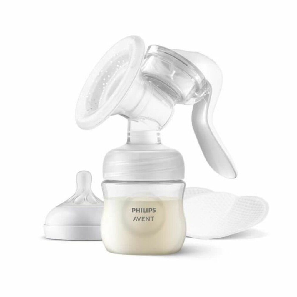 Manuelle Milchpumpe Philips Avent. Besteht aus Pumpe, Flasche, Brusthaube und Deckel. Aufschrift: PHILIPS AVENT.