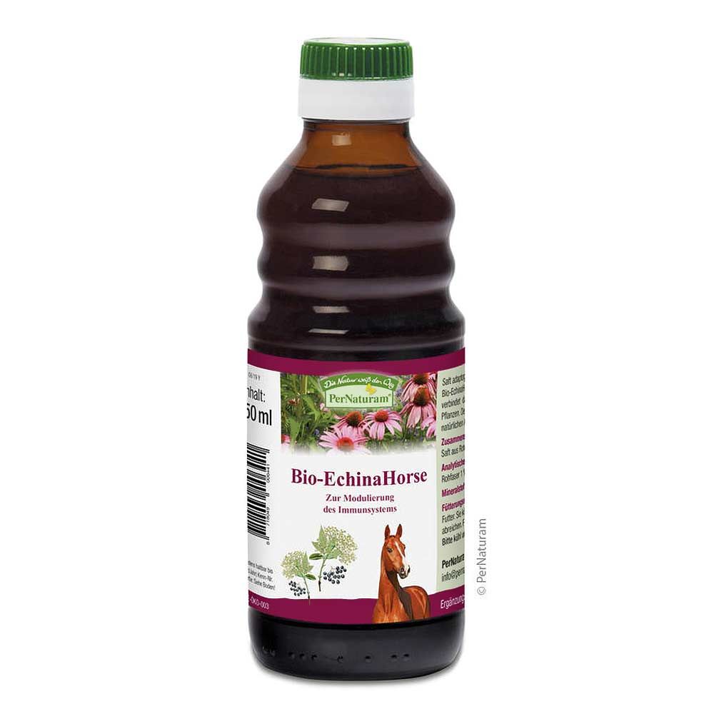 Braune Glasflasche mit grünem Deckel. Etikett mit Produktname, Illustrationen und Text. Marke PerNaturam.