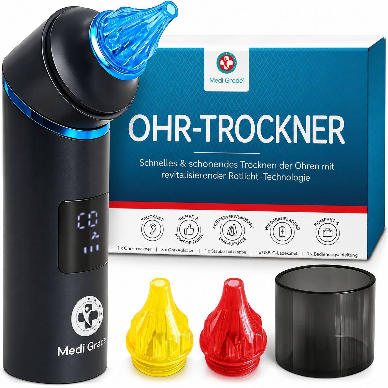 Ohr-Trockner mit rotem Licht, ideal für Wassersportler, tragbar mit USB-C.