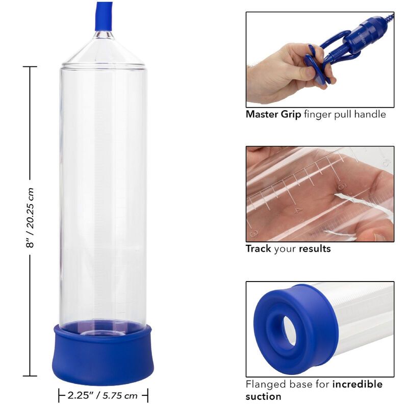 Penispumpe: 20,25 cm Zylinder, 5,75 cm Durchmesser, blauer Griff, Messskala.