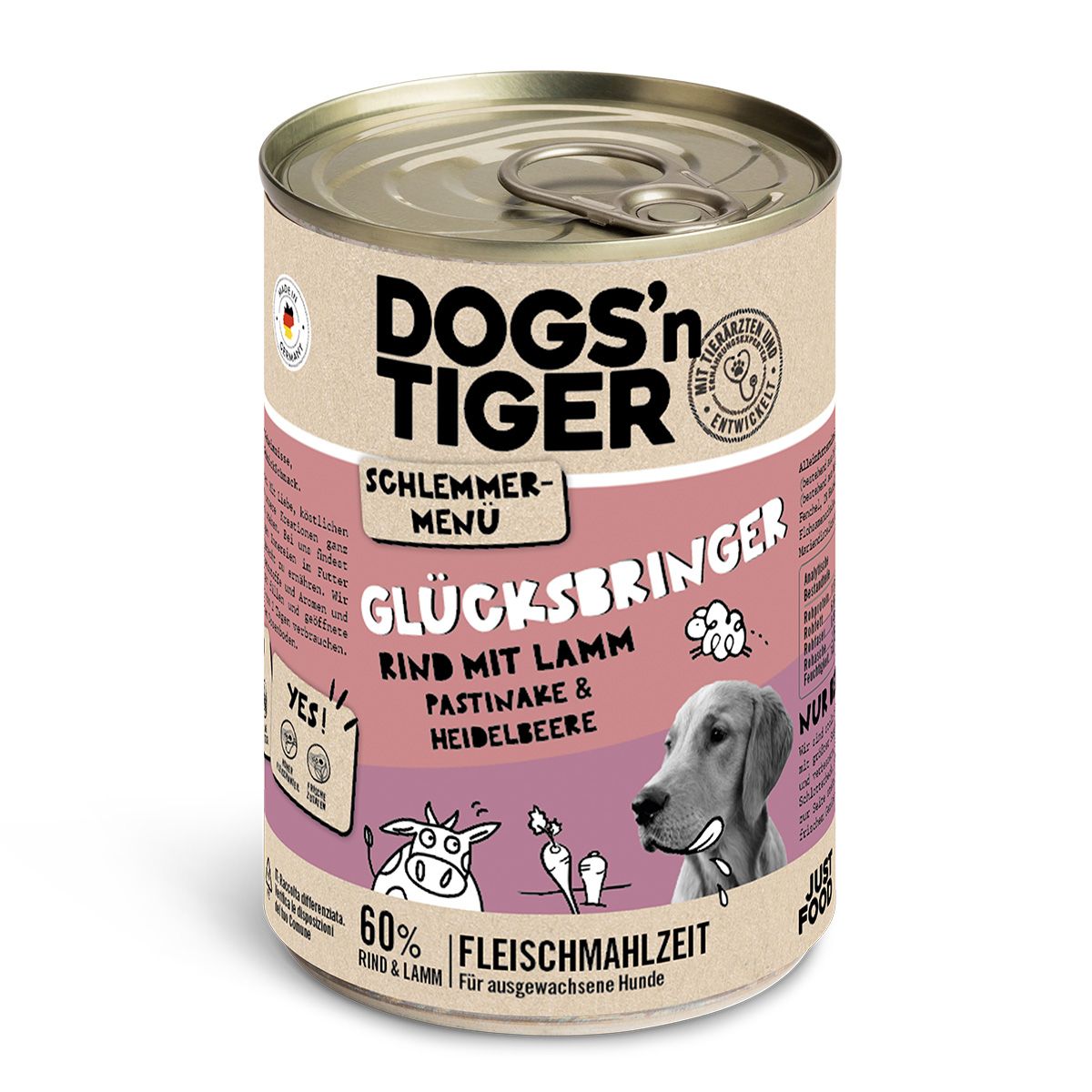 Dose Hundefutter. Aufschrift: DOGS'N TIGER, Glücksbringer, Rind mit Lamm, Pastinake & Heidelbeere. 60% Fleischmahlzeit. Mit Qualitätssiegel.