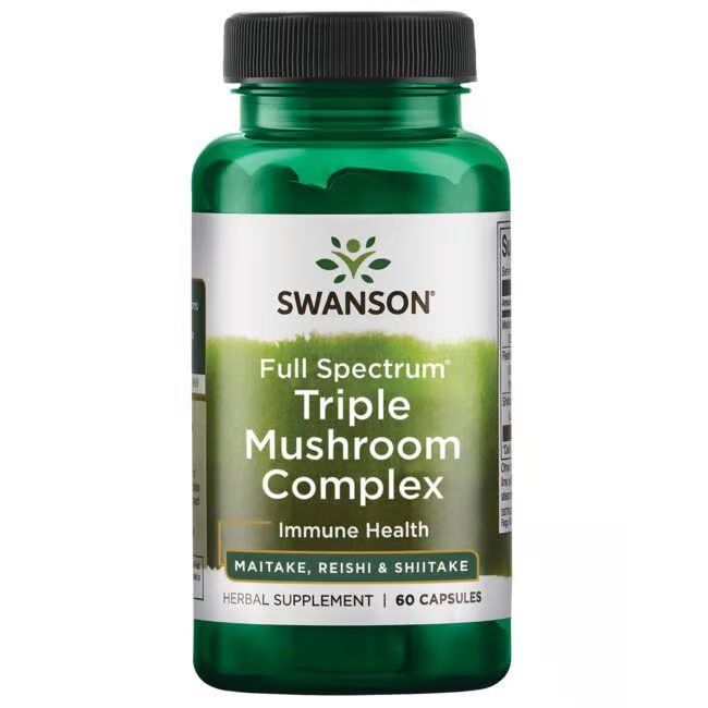 Grüne Flasche mit schwarzem Deckel. Aufschrift: SWANSON, Full Spectrum Triple Mushroom Complex, Immune Health. 60 Kapseln.