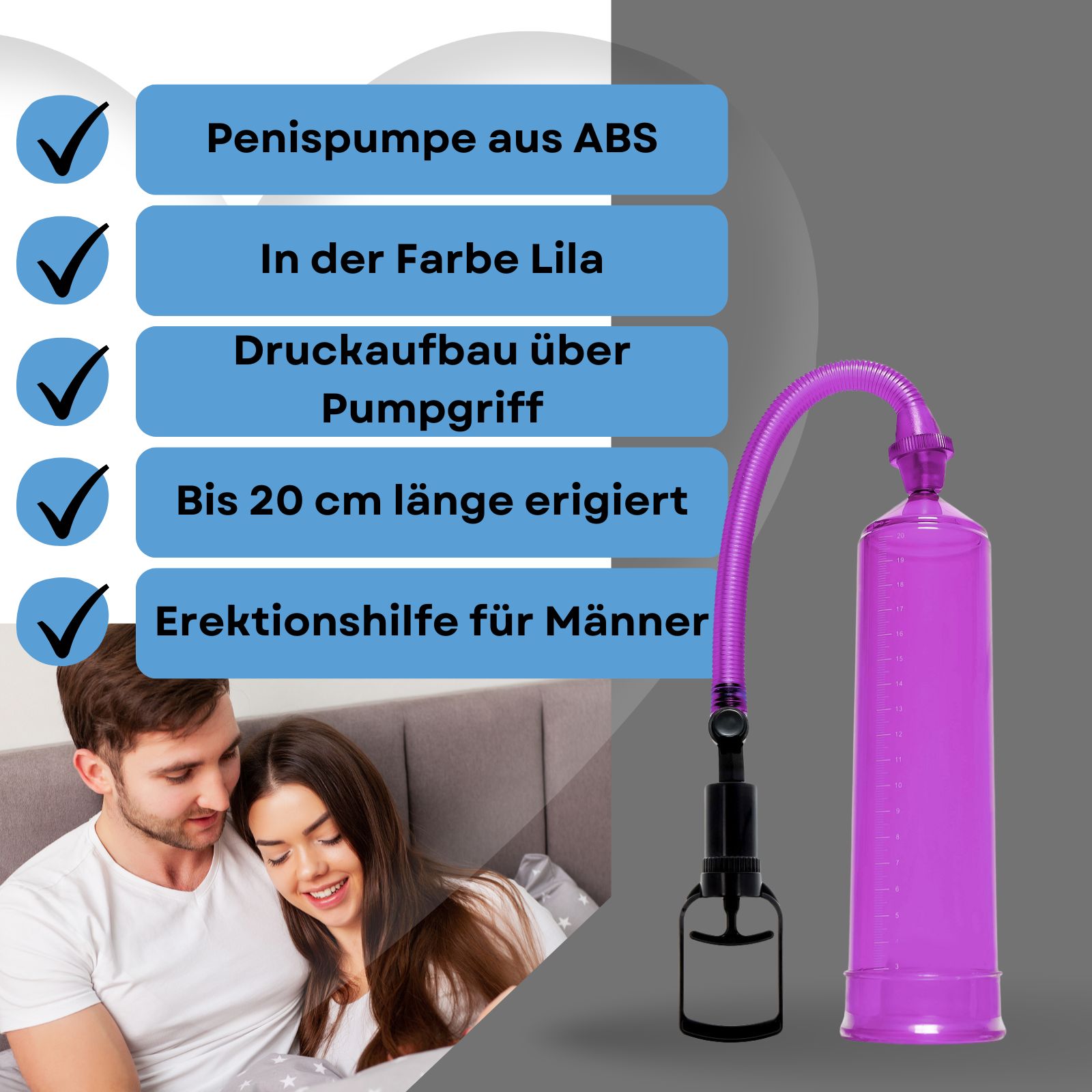 Penispumpe, lila, mit Pumpgriff und Schlauch. Zylinder mit Messskala. Schwarzer Griff. Paar im Bett.