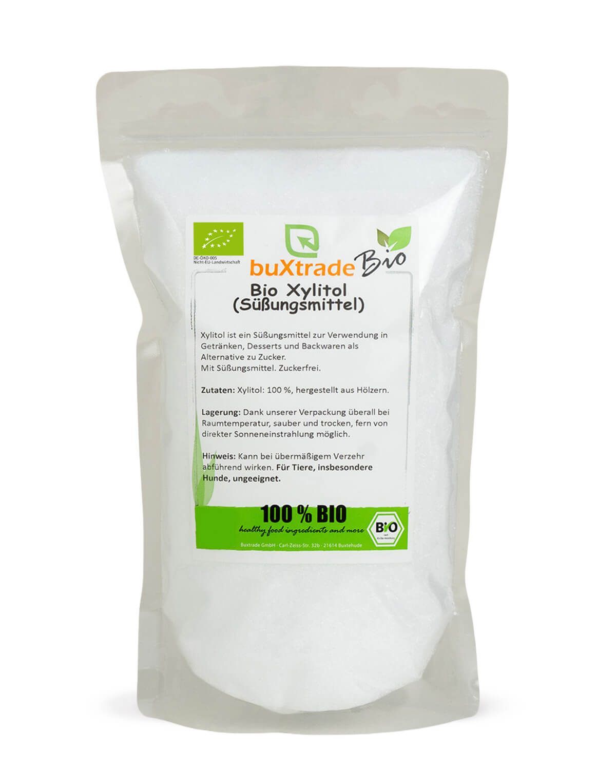 Buxtrade Bio Xylitol Süßungsmittel in einem weißen Standbodenbeutel mit Etikett.