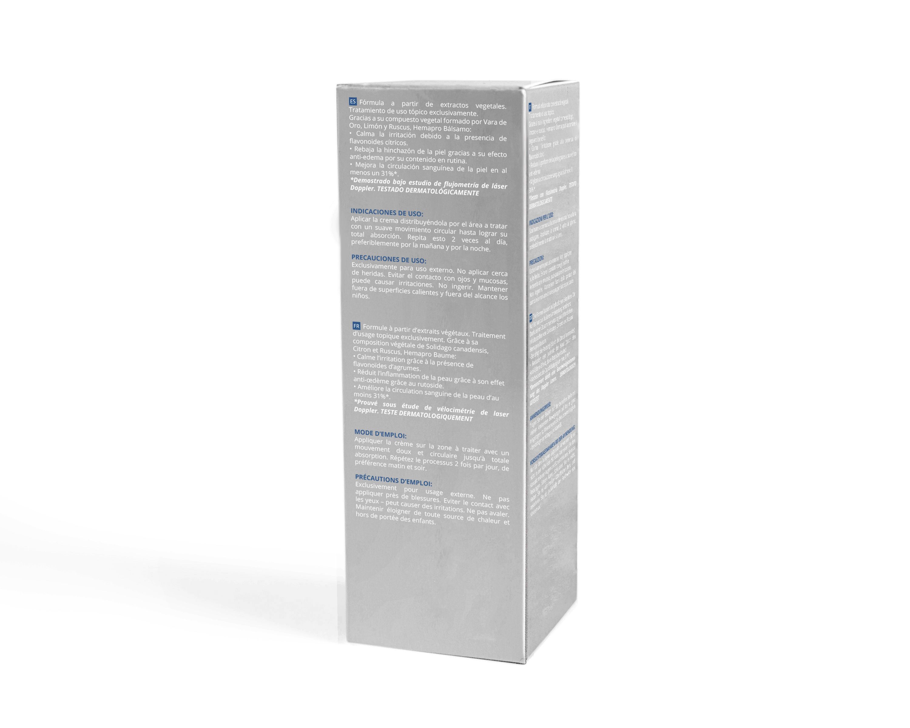 Produktverpackung, Rückseite. Grauer Hintergrund mit Text. Mehrsprachige Produktinformationen und Vorsichtsmaßnahmen.