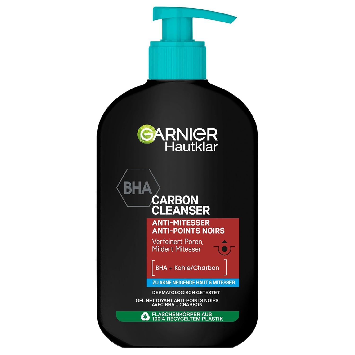 Schwarze Flasche mit blauem Pumpkopf. Text: Garnier Hautklar Carbon Cleanser, BHA, Anti-Mitesser, Anti-Points Noirs. Grünes Logo.