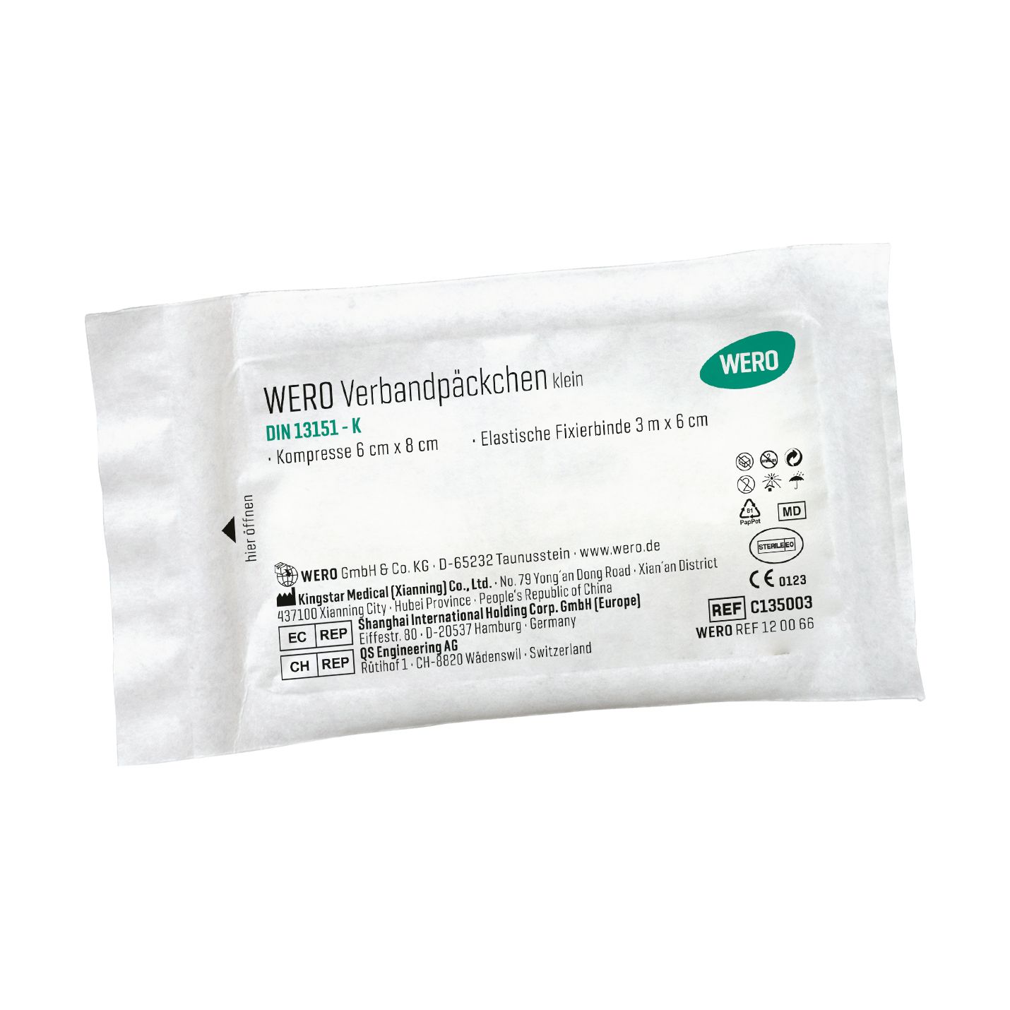 WERO Verbandpäckchen, weißes Päckchen. Aufdruck: Kompresse 6 cm x 8 cm, elastische Fixierbinde 3 m x 6 cm. DIN 13151-K.