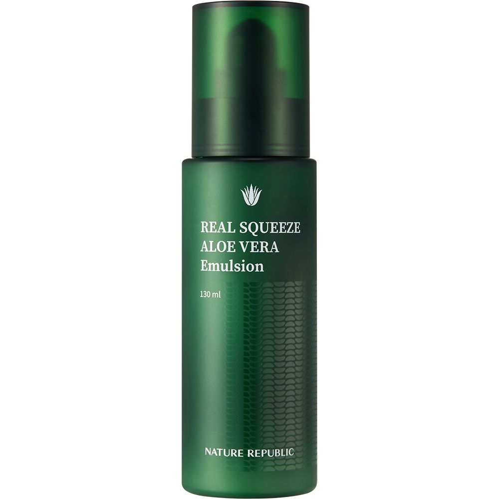 Grüne Flasche mit Aufschrift: REAL SQUEEZE ALOE VERA Emulsion. Marke: NATURE REPUBLIC. Mit Dosierpumpe.