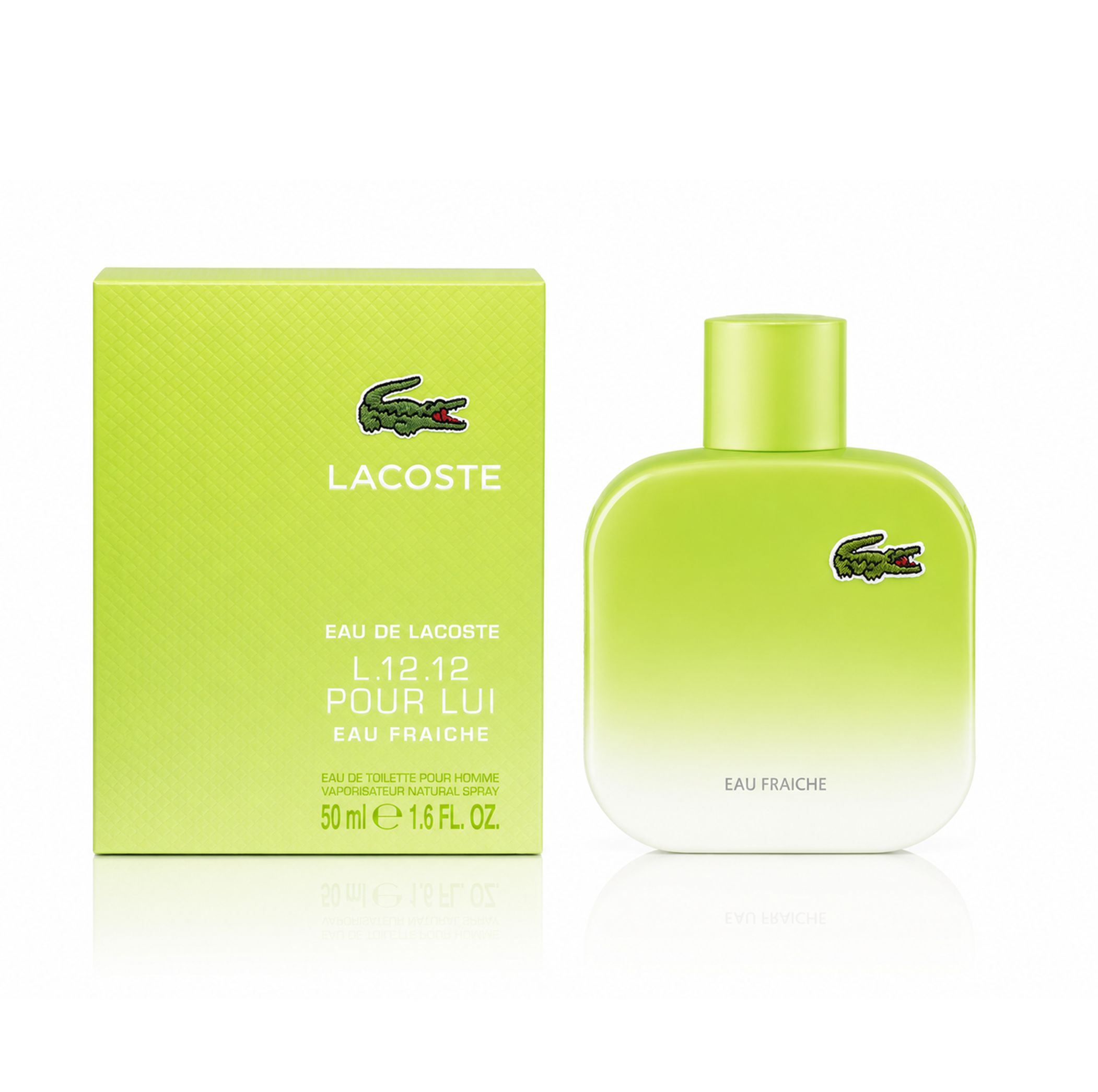 Lacoste L.12.12 Pour Lui Eau Fraiche Set: Flakon und Karton. Hellgrüner Farbverlauf, Krokodil-Logo.