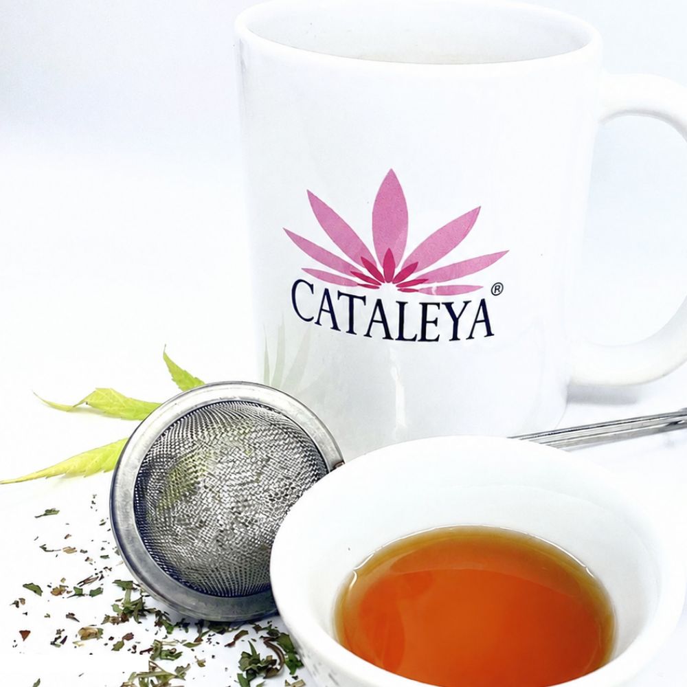 Tasse mit "CATALEYA" Logo, daneben eine Teeschale mit goldenem Tee, ein Sieb und Hanfblätter.