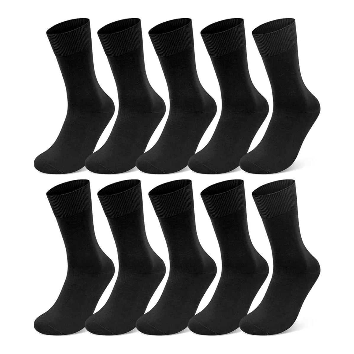 Zwölf schwarze Socken, nebeneinander gelegt. Einfarbig, ohne Muster, mit geripptem Bündchen.