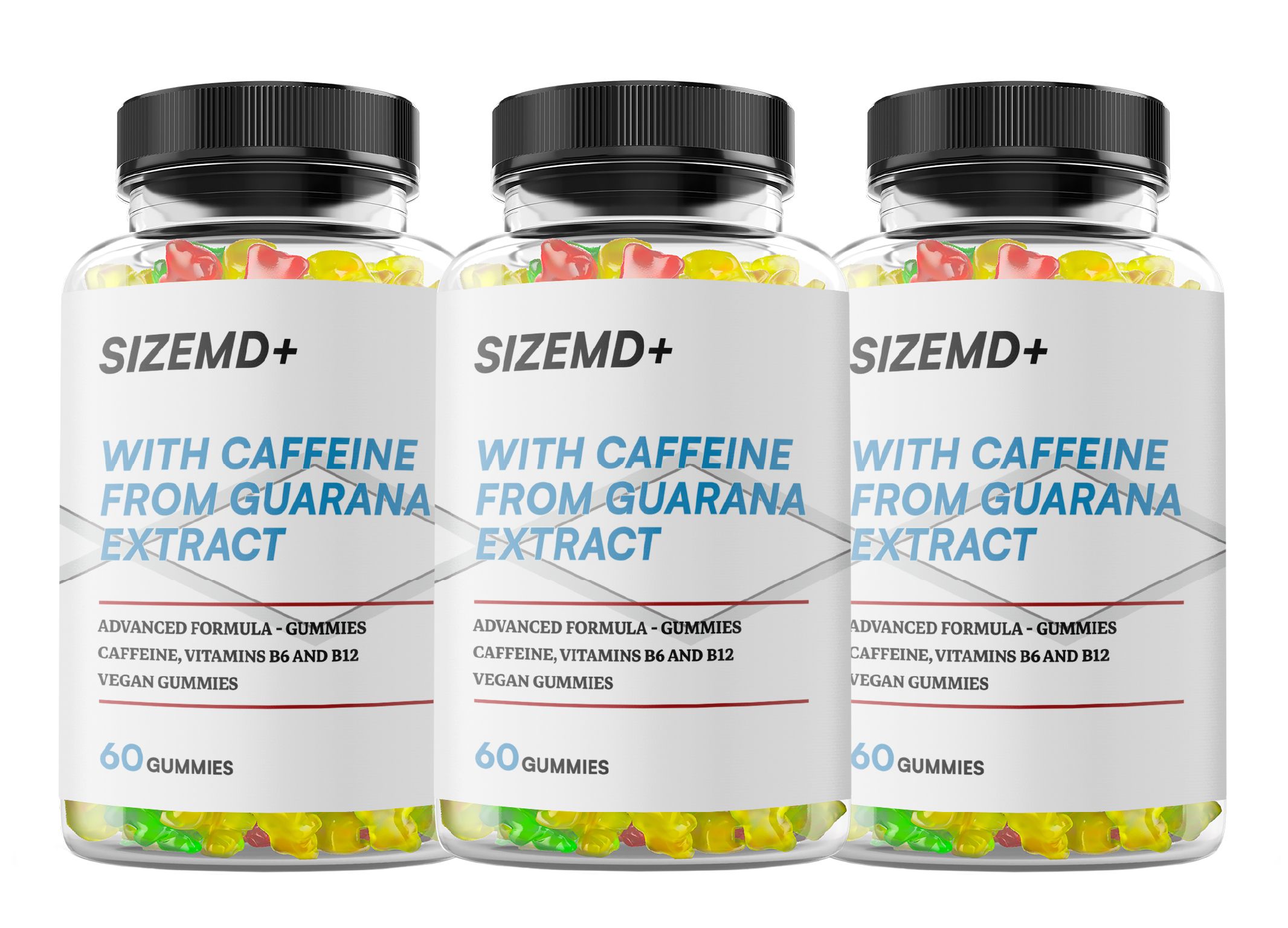Drei durchsichtige Flaschen SizeMD+ Gummibärchen mit Koffein, 60 Stück.