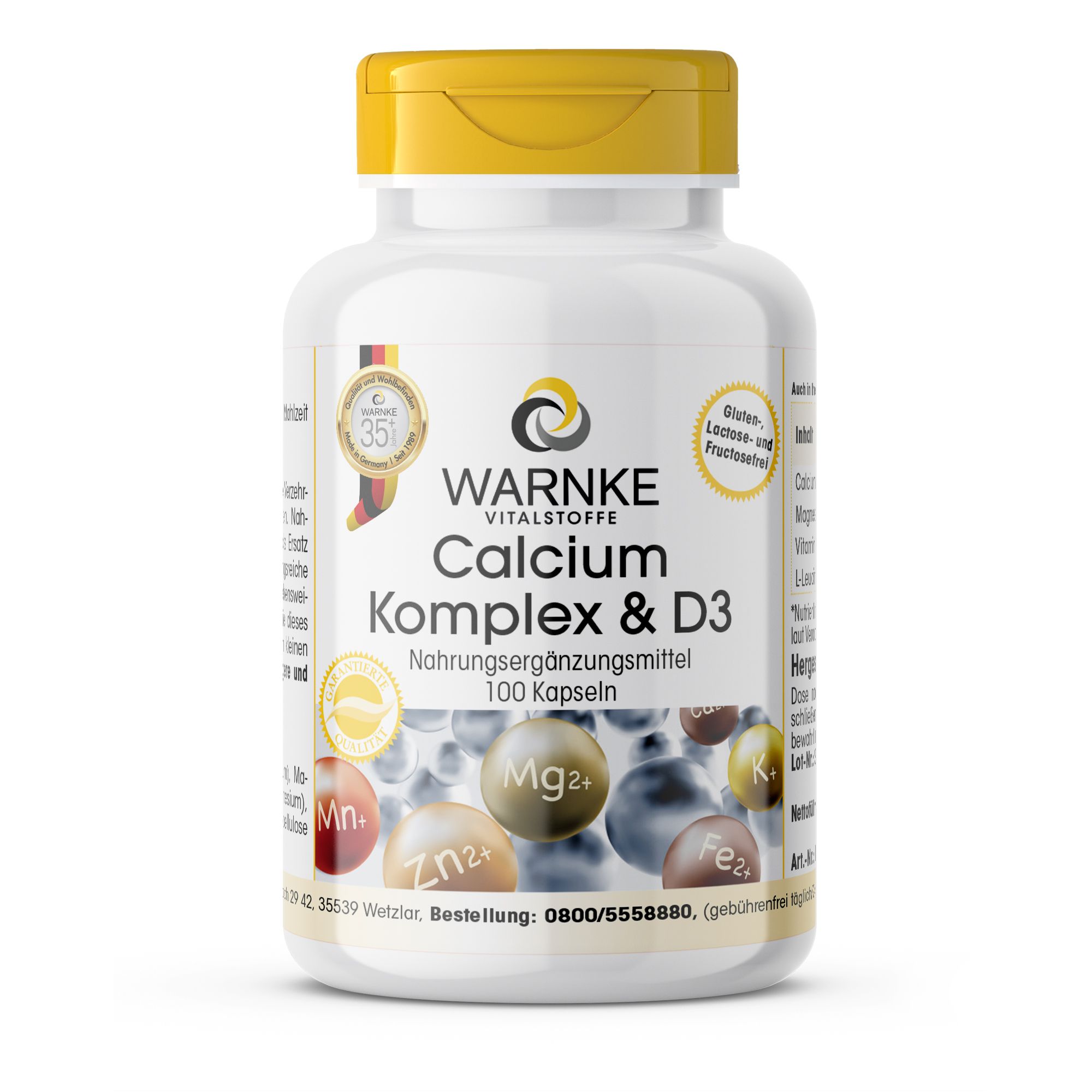 Weiße Flasche mit gelbem Deckel. Aufschrift: Warnke Vitalstoffe Calcium Komplex & D3. 100 Kapseln. Mit Zertifizierungen.