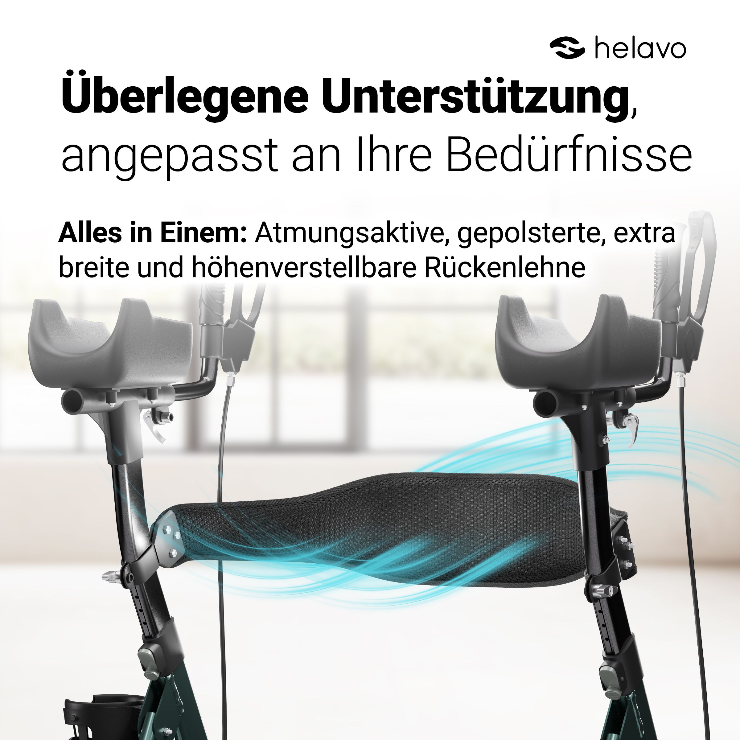 Rollator mit atmungsaktiver, verstellbarer Rückenlehne.