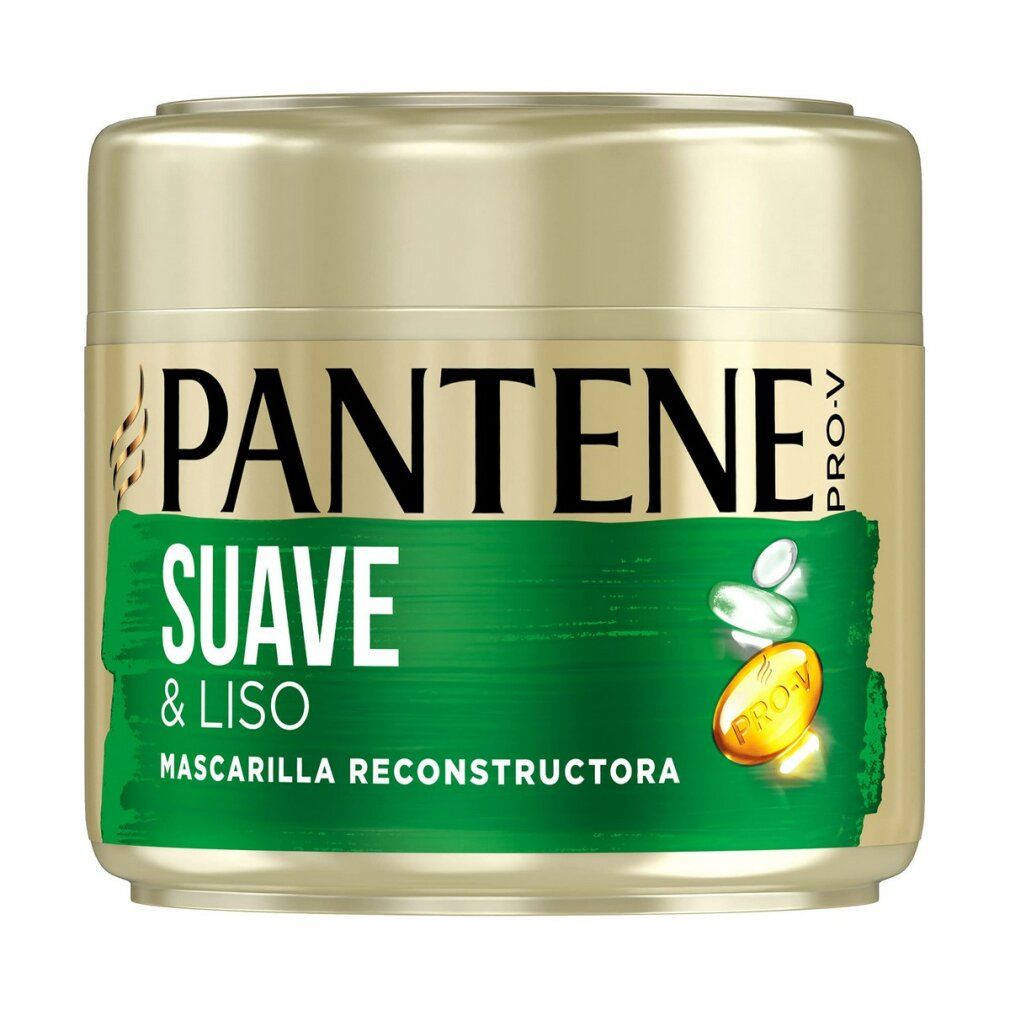Goldfarbener Tiegel mit grünem Etikett. Aufschrift: Pantene, Suave & Liso, Mascarilla Reconstructora. Pro-V Logo.