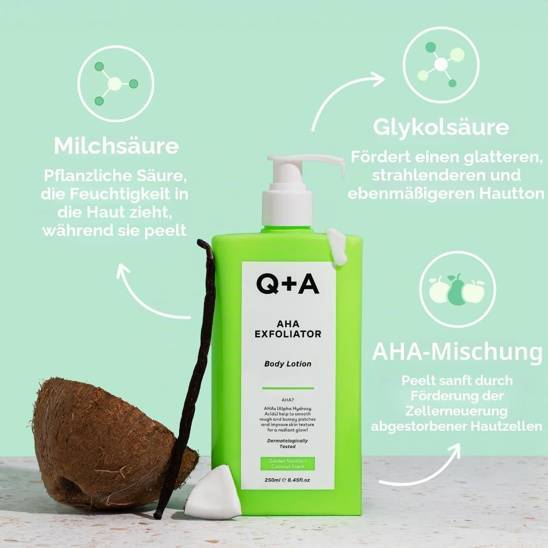 Grüner Spender Q+A AHA Exfoliator Body Lotion mit Kokosnuss und Vanille.