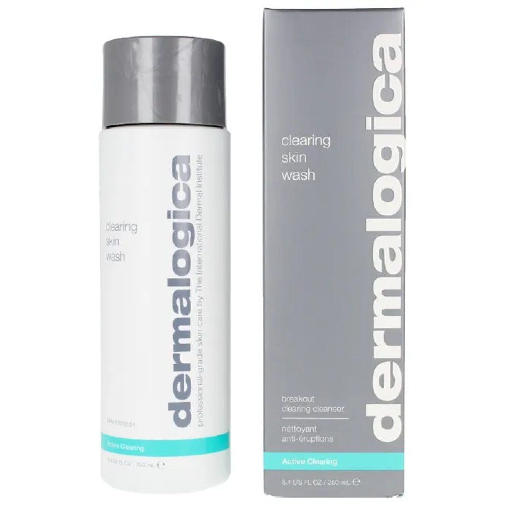 Dermalogica-Produkt und Verpackung. Aufschrift: clearing skin wash, Active Clearing, breakout clearing cleanser.