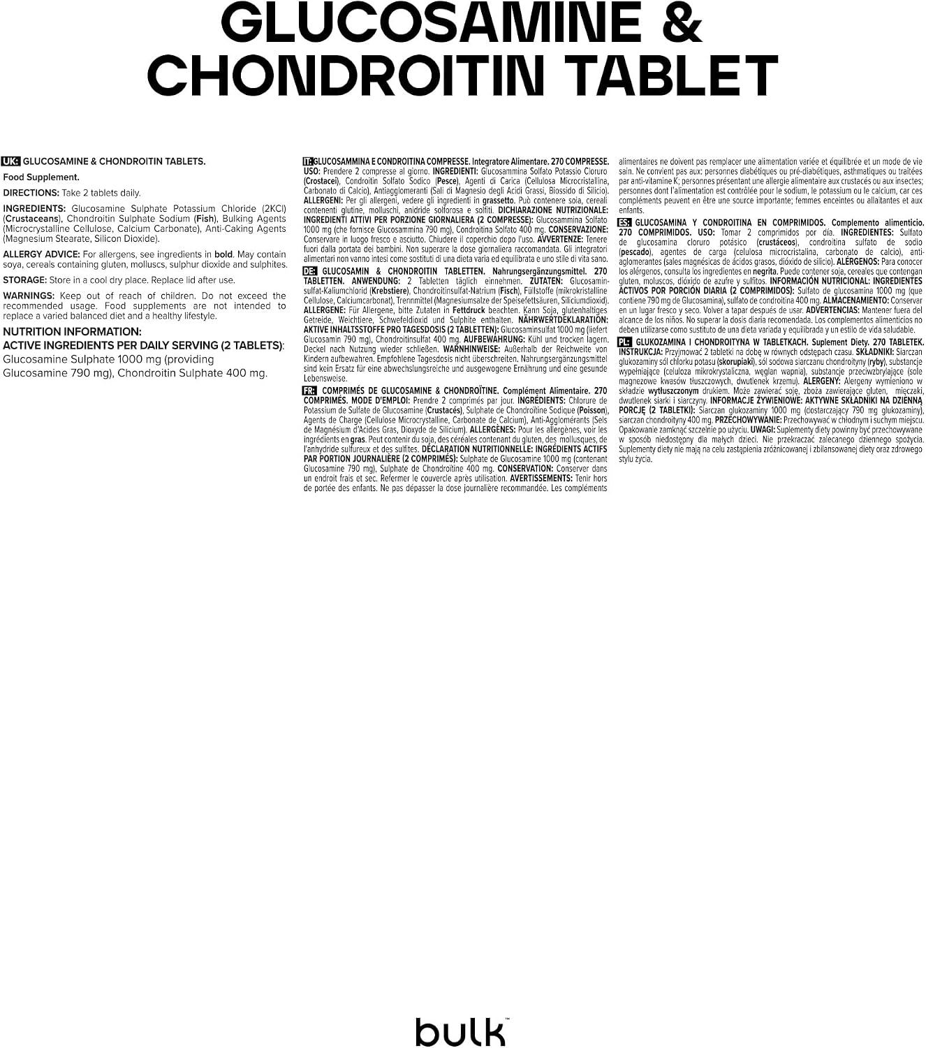 Verpackung mit Informationen zu Glucosamin & Chondroitin Tabletten. Enthält Nährwertangaben und Inhaltsstoffe.
