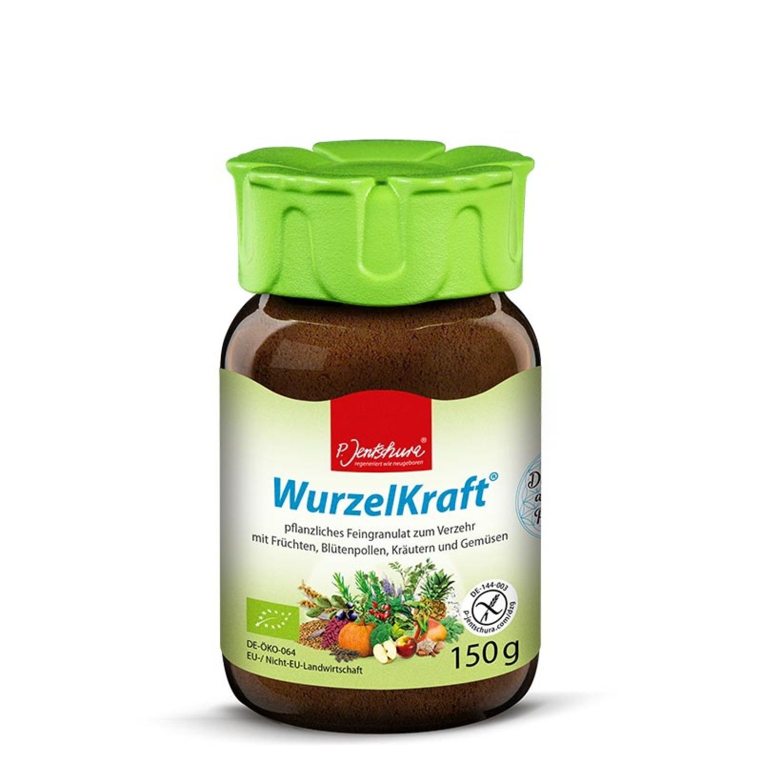 Braune Dose mit grünem Deckel. Aufschrift: WurzelKraft, 150g. Bio-Siegel und Abbildung von Früchten und Gemüse.