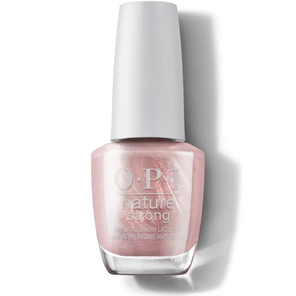 Nagellackflasche mit weißem Deckel. Rosa-goldener Lack. OPI Nature Strong-Logo.