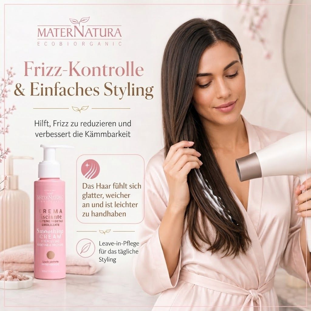 Frau mit langen, glatten Haaren, die eine Flasche Frizz-Kontrollcreme hält.
