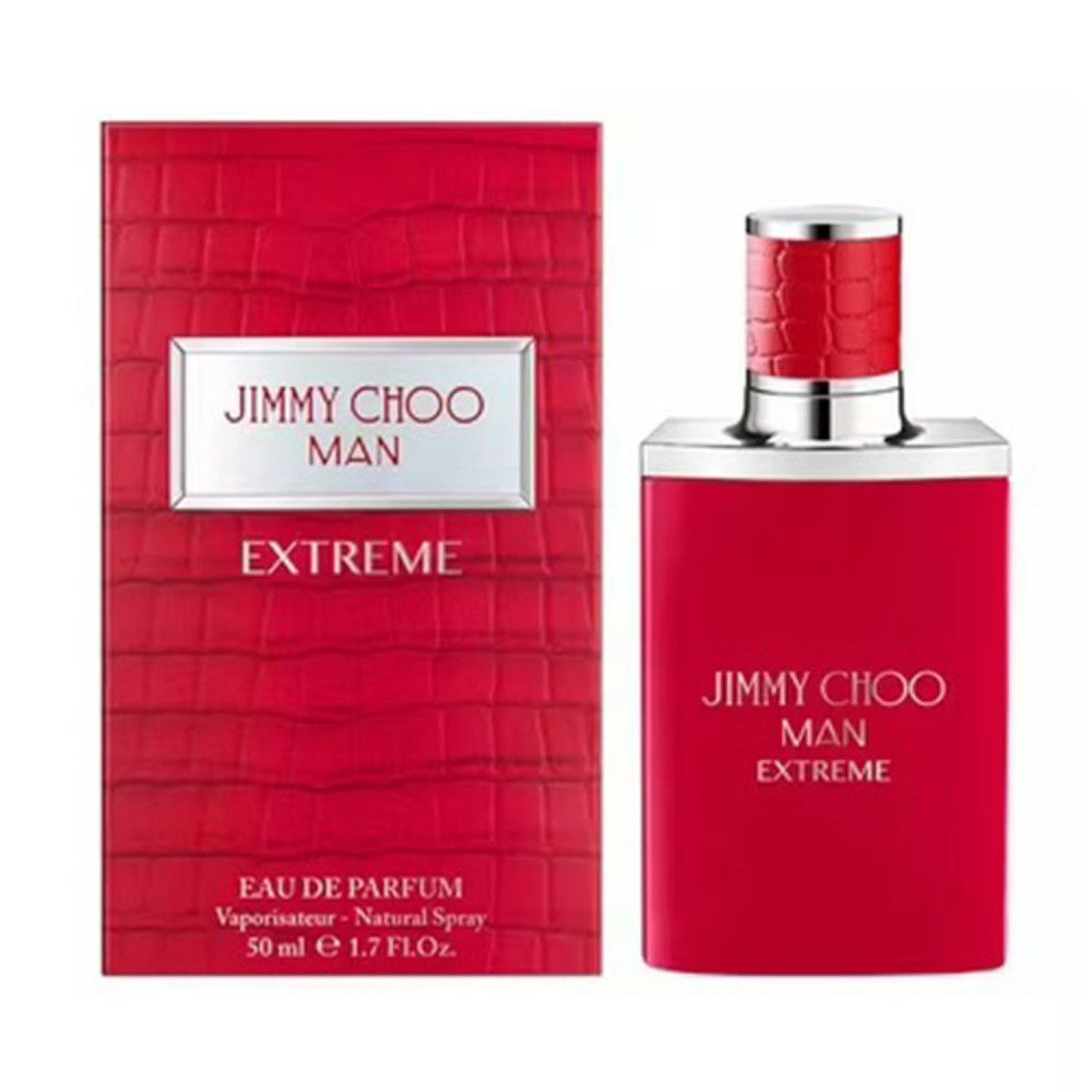 Rotes Parfümflakon und Verpackung. Aufschrift: JIMMY CHOO MAN EXTREME. Eau de Parfum. 50 ml.